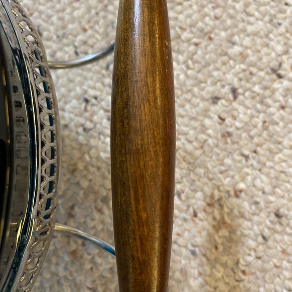 Teal glass serving bowl with teak handle silver metal carrier VTG '70's. - Picture 7 of 7